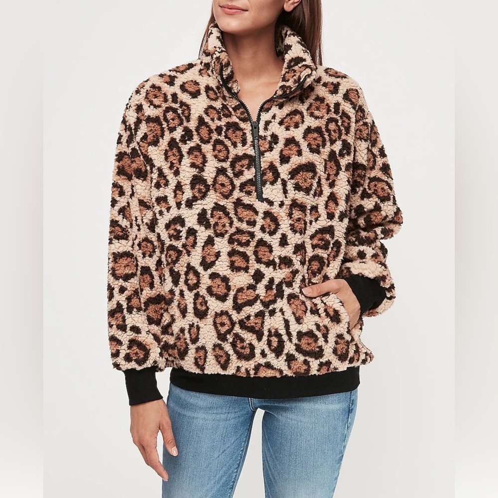 Express One-Eleven leopard print 1/4 zip sherpa pullover